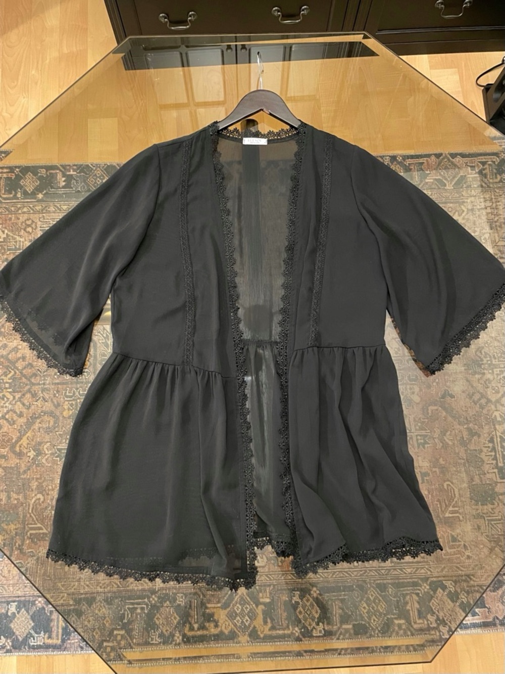 Sheer Black Lace-Trim Swim Coverup Kimono